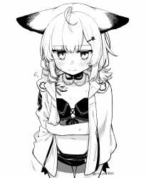 Rule 34 | 1girl, ahoge, animal ears, arknights, bikini, bikini under clothes, blush, closed mouth, collarbone, flat chest, flying sweatdrops, fox ears, from above, greyscale, highres, jacket, jacket on shoulders, jewelry, looking at viewer, looking up, low twintails, material growth, monochrome, navel, necklace, official alternate costume, open clothes, open jacket, oripathy lesion (arknights), see-through, short hair, short twintails, simple background, solo, stomach, sussurro (arknights), sussurro (summer flower) (arknights), sweatdrop, swimsuit, thigh gap, twintails, twitter username, white background, yom (ymayma00ss)