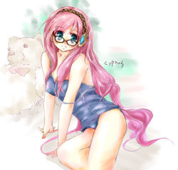 Rule 34 | 1girl, blush, breasts, cyprus, glasses, long hair, looking at viewer, medium breasts, megurine luka, one-piece swimsuit, pink hair, school swimsuit, smile, solo, strap slip, stuffed animal, stuffed toy, swimsuit, teddy bear, very long hair, vocaloid