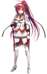 Rule 34 | 1girl, ahoge, armor, armored dress, boots, breasts, cape, cleavage, full body, gloves, greaves, hairband, hand on own hip, juukishi cutie bullet, long hair, minami mayu, necktie, ponytail, red hair, school uniform, shoulder armor, solo, pauldrons, thigh boots, thighhighs, transparent background, very long hair, yuuki hagure, zettai ryouiki