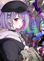 Rule 34 | 1girl, absurdres, black choker, black hat, black jacket, cattleya regina games, choker, earrings, from side, hair ornament, hairclip, hat, highres, holding, holding money, hood, hoodie, jacket, jewelry, kutar22, looking at viewer, money, multicolored hair, open clothes, open jacket, open mouth, pachinko, pink hair, pov dating, purple eyes, purple hair, short eyebrows, sleeves past wrists, solo, streaked hair, thick eyebrows, tosaki mimi, virtual youtuber, vspo!, white hoodie, yen