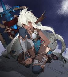 Rule 34 | 1girl, ahoge, ananke 7, armor, blue dress, blue thighhighs, boots, breastplate, brown eyes, brown gloves, dark skin, dress, faulds, frown, gloves, granblue fantasy, greaves, highres, holding own foot, huge ahoge, kneeling, long hair, looking to the side, parted bangs, shield, shoes, unworn shoes, sidelocks, sword, thigh armor, thighhighs, toes, very long hair, wavy mouth, weapon, white hair, zooey (granblue fantasy)