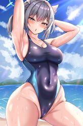 Rule 34 | 1girl, absurdres, animal ear fluff, animal ears, armpits, beach, black one-piece swimsuit, blue archive, blue eyes, blue halo, blue one-piece swimsuit, breasts, cleft of venus, collarbone, competition swimsuit, covered navel, cross hair ornament, day, extra ears, grey hair, hair ornament, halo, heart, heart-shaped pupils, highleg, highleg swimsuit, highres, large breasts, looking at viewer, medium hair, mismatched pupils, mitomumitomu, multicolored clothes, multicolored swimsuit, one-piece swimsuit, open mouth, outdoors, shiroko (blue archive), shiroko (swimsuit) (blue archive), solo, swimsuit, symbol-shaped pupils, thighs, two-tone swimsuit, wet, wet clothes, wet swimsuit, wolf ears