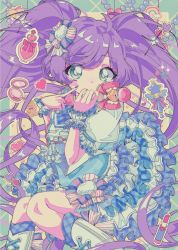 Rule 34 | 1girl, blush, bow, frilled skirt, frills, green eyes, hair bow, highres, long hair, looking at viewer, manaka laala, microphone, milon cas, nail polish, open mouth, pretty series, pripara, puffy short sleeves, puffy sleeves, purple hair, purple nails, short sleeves, skirt, smile, solo, twintails, very long hair