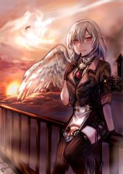 Rule 34 | 1girl, absurdres, aircraft, alternate costume, angel wings, belt, black gloves, black thighhighs, braid, breast pocket, buttons, clock, cloud, crown braid, dress, feathered wings, finger to mouth, french braid, gem, gloves, grey hair, grey wings, hair between eyes, highres, jacket, jewelry, kishin sagume, looking at viewer, necklace, ocean, parted lips, pocket, pocket watch, red eyes, short hair, short sleeves, single wing, sitting, sitting on fence, skirt, sky, smile, solo, sun, sunset, thighhighs, tis (shan0x0shan), touhou, watch, water, wings, zettai ryouiki