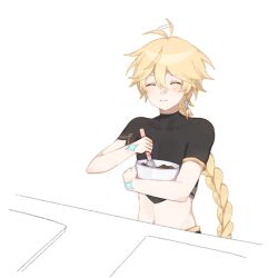 Rule 34 | 1boy, aether (genshin impact), ahoge, black shirt, blonde hair, blush, bowl, braid, chocolate making, closed eyes, closed mouth, commentary, covered collarbone, cutting board, earrings, english commentary, genshin impact, hair between eyes, hands up, highres, holding, holding bowl, holding whisk, jewelry, kyou 0120, long hair, male focus, mixing, mixing bowl, navel, shirt, short sleeves, simple background, single earring, smile, solo, standing, table, whisk, white background