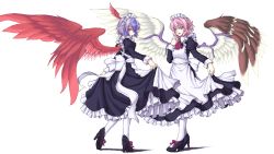 Rule 34 | 2girls, alternate costume, animal ears, apron, back, blue hair, dress, enmaided, female focus, grey eyes, head wings, high heels, isaki (gomi), maid, maid apron, maid headdress, multiple girls, mystia lorelei, oekaki, open mouth, pantyhose, pink hair, shoes, short hair, smile, tokiko (touhou), touhou, white legwear, wings, yellow eyes