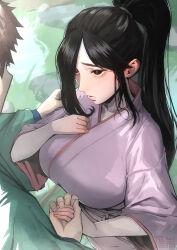 Rule 34 | 1boy, 1girl, absurdres, artist name, black hair, blush, breasts, brown eyes, commission, ear blush, hand on another&#039;s arm, high ponytail, highres, holding hands, japanese clothes, kimono, large breasts, long hair, original, pink kimono, shitappa0120, skeb commission, sweat, tearing up