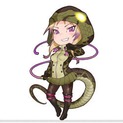 Rule 34 | 1girl, african rock python (kemono friends), belt, boots, brown hair, gloves, highres, holding, holding whip, hood, hoodie, kemono friends, long hair, looking at viewer, official art, pantyhose, purple eyes, simple background, skirt, slit pupils, snake tail, solo, tachi-e, tail, weapon, whip, yoshizaki mine
