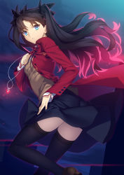 Rule 34 | 1girl, alternate legwear, ass, black hair, black thighhighs, blue eyes, coat, fate/stay night, fate (series), hair ribbon, homurahara academy school uniform, jewelry, long hair, looking at viewer, looking back, necklace, pendant, ribbon, school uniform, skirt, solo, thighhighs, tohsaka rin, twintails, two side up, yangsion
