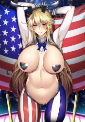 Rule 34 | 1girl, absurdres, american flag, american flag legwear, animal ears, areola slip, arms up, asymmetrical legwear, blonde hair, blue eyes, blush, breasts, closed mouth, fake animal ears, flag, hair between eyes, heart maebari, heart pasties, highres, huge breasts, iowa (kancolle), kantai collection, kome cola, long hair, maebari, meme attire, pasties, rabbit ears, reverse bunnysuit, reverse outfit, solo, star-shaped pupils, star (symbol), striped clothes, striped legwear, striped thighhighs, sweat, symbol-shaped pupils, thighhighs, uneven legwear, vertical-striped clothes, vertical-striped thighhighs, wrist cuffs, yellow pupils