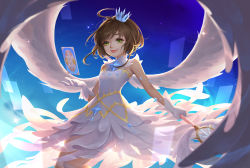 Rule 34 | 1girl, brown hair, cardcaptor sakura, clow card, crown, day, detached collar, dress, feather trim, feathered wings, flat chest, flying, gem, gloves, green eyes, highres, jz, kinomoto sakura, lens flare, lips, magical girl, mini crown, nose, outstretched hand, short hair, sky, smile, solo, staff, star (sky), starry sky, white dress, white gloves, white wings, wings, yume no tsue