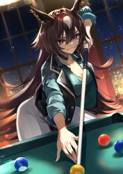 Rule 34 | 1girl, absurdres, animal ears, ball, billiard ball, black jacket, brown hair, choker, cleavage cutout, clothing cutout, collared shirt, cue stick, grin, hair between eyes, highres, horse ears, indoors, jacket, kansya, leaning forward, long hair, long sleeves, multicolored hair, open clothes, open jacket, open mouth, pants, pool table, red eyes, red shirt, shirt, sirius symboli (umamusume), sleeves pushed up, smile, solo, table, two-tone hair, umamusume, upper body, white pants, window