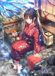 Rule 34 | 1girl, ashiyu, barefoot, blue bow, blue sky, blurry foreground, bow, branch, copyright name, day, full body, highres, japanese clothes, kimono, lantern, long hair, looking at viewer, new year, official art, onsen, outdoors, paper lantern, ponytail, purple eyes, red kimono, sid story, sidelocks, sila (carpen), sitting, sky, soaking feet, solo, towel, watermark
