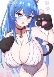 Rule 34 | 1girl, :o, alternate costume, animal ears, blue eyes, blush, braid, breasts, cat ears, cat tail, fake animal ears, fake tail, fang, gloves, goddess of victory: nikke, hand on own chest, helm (nikke), huge breasts, leaning forward, long hair, open mouth, paw gloves, paw pose, solo, tail, yoonsun