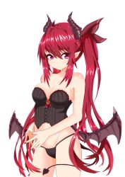 Rule 34 | 1girl, bare legs, bare shoulders, black panties, black wings, bow, breasts, cleavage, closed mouth, contrapposto, corset, cowboy shot, cross-laced clothes, demon girl, fingernails, from side, hair bow, hair intakes, hair ornament, heart, heart tail, horns, lingerie, long hair, looking at viewer, lowleg, lowleg panties, nail polish, nanata, original, panties, pointy ears, purple eyes, purple hair, sidelocks, standing, strapless, tail, twintails, underwear, underwear only, white background, wings