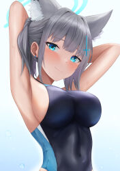 Rule 34 | absurdres, animal ear fluff, animal ears, armpits, arms behind head, black one-piece swimsuit, blue archive, blue eyes, breasts, competition swimsuit, covered navel, cross hair ornament, extra ears, gradient background, grey hair, hair ornament, halo, highres, light smile, low ponytail, medium breasts, medium hair, mismatched pupils, multicolored clothes, multicolored swimsuit, official alternate costume, one-piece swimsuit, ryara, shiroko (blue archive), shiroko (swimsuit) (blue archive), swimsuit, white background, wolf ears