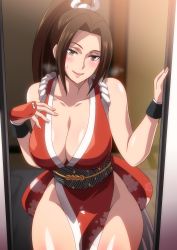 Rule 34 | 1girl, arm guards, bare shoulders, blush, breasts, brown eyes, brown hair, cleavage, cowboy shot, doorway, fatal fury, hand on own chest, hara (harayutaka), high ponytail, highres, large breasts, nail polish, ninja, open mouth, pelvic curtain, pink nails, ponytail, revealing clothes, rope, seductive smile, shiranui mai, sidelocks, smile, solo, sweatdrop, the king of fighters, thighs