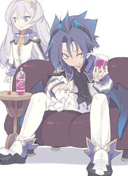 Rule 34 | 1boy, 1girl, black footwear, black shirt, blade (galaxist), blue eyes, blue hair, blue wings, blush, commentary request, couch, cup, cupping glass, demon boy, demon horns, demon wings, drinking glass, grape soda, grin, hair between eyes, horns, jacket, long hair, long sleeves, lucille aleister, on couch, open mouth, pants, pleated skirt, pointy ears, pop-up story, purple eyes, purple skirt, school uniform, shirt, shoes, silver hair, sitting, skirt, sleeves past wrists, smile, st. feles gakuen uniform, stuffed animal, stuffed cat, stuffed toy, table, very long hair, white background, white jacket, white pants, white shirt, wine glass, wings, ziz glover