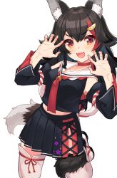 Rule 34 | 1girl, :3, :d, animal ear fluff, animal ears, black hair, claw pose, commentary request, detached sleeves, fang, floral print, hair ornament, highres, hololive, long hair, looking at viewer, multicolored hair, narita tamezou, necktie, ookami mio, ookami mio (1st costume), open mouth, pleated skirt, red eyes, red hair, red necktie, rope, sailor collar, shimenawa, simple background, skirt, smile, solo, streaked hair, tail, tail wrap, thighhighs, virtual youtuber, white background, white thighhighs, wolf ears, wolf tail