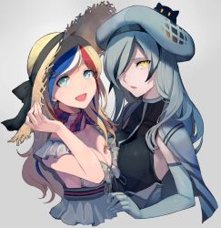 Rule 34 | 2girls, :d, abyssal ship, beret, blonde hair, blue eyes, blue hair, blush, bow, breast press, breasts, cleavage, commandant teste (kancolle), commentary request, dress, elbow gloves, gloves, grey hair, hair over one eye, hat, hat ribbon, kantai collection, long hair, looking at viewer, medium breasts, multicolored hair, multiple girls, no bra, open mouth, red hair, ribbon, scarf, seaplane tender water princess, simple background, sleeveless, sleeveless dress, smile, streaked hair, sun hat, symmetrical docking, upper body, walzrj, white hair, yellow eyes