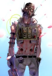 Rule 34 | 1boy, abs, absurdres, apex legends, assault rifle, bad id, bad pixiv id, black headwear, blood, blood on clothes, blue background, broken eyewear, cropped vest, explosive, goggles, green vest, grenade, grey shorts, gun, head tilt, highres, holding, holding gun, holding weapon, kawaniwa, looking at viewer, mask, midriff, mouth mask, navel, octane (apex legends), petals, r-301 carbine, rifle, shorts, solo, vest, weapon