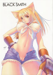 Rule 34 | 1girl, animal ears, blacksmith, blacksmith (ragnarok online), blonde hair, breasts, cat ears, cat girl, character name, cleavage, cleft of venus, covered erect nipples, cutoffs, dated, denim, denim shorts, female focus, fingerless gloves, front-tie top, gloves, hand on own hip, highres, hip focus, large breasts, long hair, looking at viewer, midriff, navel, no panties, open fly, parted lips, pussy, ragnarok online, short shorts, shorts, signature, simple background, solo, standing, thighhighs, tony taka, uncensored, underboob, unzipped, white background, wide hips, yellow eyes