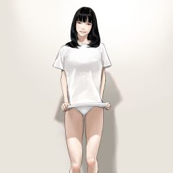 Rule 34 | 1girl, absurdres, black eyes, black hair, blouse, blunt bangs, clothes lift, dimple, highres, hiramedousa, knees up, lifted by self, long hair, looking at viewer, no pants, original, panties, parted lips, shirt, shirt lift, short sleeves, smile, solo, standing, t-shirt, thighs, underwear, white panties, white shirt