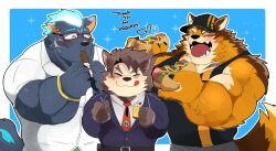 Rule 34 | 3boys, animal ears, artist name, bara, barrel (live a hero), blush, chocolate, closed eyes, commentary, commission, dog boy, dog ears, dog tail, english commentary, english text, fangs, food, furlong (live a hero), furry, furry male, highres, holding, holding chocolate, holding food, holding spoon, hot dog, hyaku (g-kawayusu), hyena boy, hyena ears, hyena tail, live a hero, looking at food, male focus, male protagonist (live a hero), multiple boys, open mouth, second-party source, shortcake, spoon, tail, thank you, tongue, tongue out