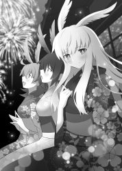Rule 34 | 3girls, :d, :o, ahoge, blush, commentary request, fate/grand order, fate (series), fireworks, floral print, greyscale, head wings, hildr (fate), japanese clothes, kimono, light smile, long hair, looking at viewer, looking up, meiji ken, monochrome, multiple girls, open mouth, ortlinde (fate), print kimono, short hair, smile, thrud (fate), valkyrie (fate), wings