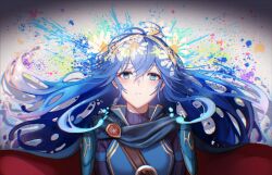 Rule 34 | 1girl, armor, blue cape, blue eyes, blue hair, brand of the exalt, cape, commentary, english commentary, fire emblem, fire emblem awakening, hair between eyes, highres, ippers, long hair, looking at viewer, lucina (fire emblem), nintendo, paint, paint in hair, parted lips, red cape, shoulder armor, solo, symbol in eye, tiara, turtleneck, two-tone cape, upper body