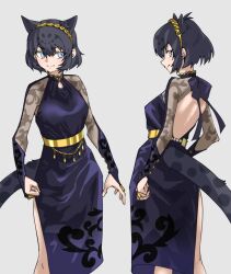 Rule 34 | 1girl, absurdres, alternate costume, animal ear fluff, animal ears, backless dress, backless outfit, bare back, black dress, black hair, black jaguar (kemono friends), breasts, commentary, dress, extra ears, feet out of frame, grey background, highres, jaguar ears, jaguar girl, jaguar tail, jewelry, kemono friends, medium breasts, medium dress, multiple views, short hair, side slit, simple background, tail, tanabe (fueisei), turnaround