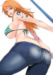 Rule 34 | 1girl, ass, bikini, bikini top only, breasts, butt crack, denim, earrings, highres, huge ass, jeans, jewelry, large breasts, long hair, looking back, nami (one piece), one piece, orange hair, pants, solo, staff, tagme, tattoo