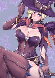 Rule 34 | 1girl, absurdres, alternate costume, arm at side, arm support, bangle, blonde hair, blue eyes, book, bracelet, breasts, brooch, brown dress, brown gloves, brown thighhighs, bursting breasts, cape, capelet, cleavage, closed mouth, covered navel, dress, earrings, elbow gloves, eyebrows, eyelashes, eyeliner, eyes visible through hair, gem, gggg, gloves, hair over one eye, halloween, halloween costume, hand on headwear, hand up, hat, hat belt, highres, hitodama, holding, holding clothes, holding hat, jack-o&#039;-lantern, jack-o&#039;-lantern earrings, jewelry, large breasts, leaning to the side, legs, lips, lipstick, looking at viewer, makeup, mascara, mechanical wings, mercy (overwatch), overwatch, overwatch 1, pelvic curtain, pink lips, purple dress, purple hat, red cape, short sleeves, sitting, skin tight, smile, solo, star (symbol), starry background, thighhighs, thighs, weapon, wings, witch, witch hat, witch mercy