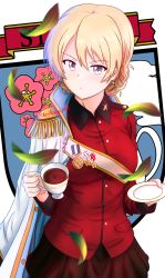 Rule 34 | 1girl, black skirt, blonde hair, blue eyes, blurry, blurry foreground, braid, braided bun, commentary, cowboy shot, cup, darjeeling (girls und panzer), depth of field, emblem, fourragere, girls und panzer, girls und panzer senshadou daisakusen!, hair bun, highres, holding, holding cup, holding saucer, jacket, leaf, light frown, long sleeves, looking at viewer, medal, military, military uniform, miniskirt, official alternate costume, parted lips, pleated skirt, red jacket, redbaron, sash, saucer, short hair, skirt, solo, st. gloriana&#039;s (emblem), st. gloriana&#039;s military uniform, tea, teacup, twin braids, twitter username, uniform, wind