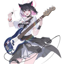 Rule 34 | 1girl, absurdres, animal ears, bass guitar, black choker, black hair, black jacket, blue archive, blush, breasts, cat ears, choker, clothes around waist, collarbone, colored inner hair, cowboy shot, elinnasky, extra ears, guitar, hair ornament, hairclip, halo, highres, holding, holding instrument, instrument, jacket, jacket around waist, kazusa (band) (blue archive), kazusa (blue archive), large breasts, looking at viewer, multicolored hair, official alternate costume, open mouth, pink hair, pink halo, pleated skirt, plectrum, red eyes, shirt, shirt around waist, short hair, short sleeves, simple background, skirt, smile, solo, sparkle, sugar rush, t-shirt, thigh strap, white background, white shirt, white skirt