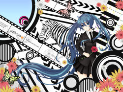 Rule 34 | 1girl, bad id, bad pixiv id, blue eyes, blue hair, bug, butterfly, flower, formal, hatsune miku, bug, long hair, matching hair/eyes, merlusa, necktie, saihate (vocaloid), skirt, solo, twintails, very long hair, vocaloid, zebra
