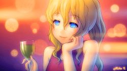 Rule 34 | 10s, 1girl, animated, animated gif, bare shoulders, blind, blinking, blonde hair, blue eyes, blurry, bokeh, head rest, cup, depth of field, dress, drinking glass, eyelashes, formal, katawa shoujo, lips, lowres, mike inel, ponytail, satou lilly, sidelocks, smile, solo, wine glass