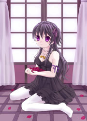 Rule 34 | 1girl, black hair, flower, ikeda yuuki, long hair, md5 mismatch, no shoes, original, pantyhose, purple eyes, rose, solo