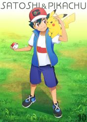 Rule 34 | 1boy, aruwi (nin-chica), ash ketchum, black footwear, black hair, blue jacket, brown eyes, character name, closed mouth, commentary request, creatures (company), game freak, gen 1 pokemon, grass, hair between eyes, hat, head tilt, holding, holding poke ball, jacket, knees, male focus, nintendo, on shoulder, pikachu, poke ball, poke ball (basic), pokemon, pokemon (anime), pokemon (creature), pokemon journeys, pokemon on shoulder, purple shorts, red headwear, shirt, shoes, short hair, shorts, sleeveless, sleeveless jacket, smile, sneakers, standing, t-shirt, white shirt