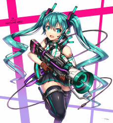 Rule 34 | 1girl, ammunition, bullpup, character name, copyright name, gia, gloves, gun, hatsune miku, headset, highres, knife, long hair, megaphone, open mouth, pleated skirt, skirt, solo, thigh strap, thighhighs, trigger discipline, twintails, vocaloid, weapon, white background, window magazine