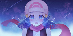 Rule 34 | 1girl, bare arms, beanie, blue eyes, blue hair, blush, commentary, creatures (company), dawn (pokemon), eyelashes, floating scarf, game freak, grey hat, hat, highres, long hair, lower teeth only, night, nintendo, open mouth, outdoors, oyu 428, pokemon, pokemon dppt, red scarf, scarf, shirt, shooting star, sky, sleeveless, sleeveless shirt, solo, star (sky), teeth, tongue, upper body
