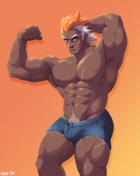Rule 34 | 1boy, abs, alternate costume, armpits, bara, biceps, blue shorts, blush, bulge, dark-skinned male, dark skin, denim, denim shorts, feet out of frame, fire emblem, flexing, helbindi (fire emblem), highres, horns, large pectorals, looking at viewer, male focus, male pubic hair, multicolored hair, muscular, muscular male, navel, nintendo, nipples, open fly, orange hair, pectorals, pubic hair, pubic hair peek, scar, scar on chest, scar on leg, short hair, short shorts, shorts, sideburns, single horn, solo, stomach, thick thighs, thighs, topless male, two-tone hair, very dark skin, voviat, white hair, wrinkled skin