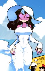 Rule 34 | 2channel, 2girls, :3, absurdres, black hair, blue sky, bow, breasts, cloud, cosplay, detached sleeves, dress, elbow gloves, english text, flat color, gloves, hair bow, hasshaku-sama, hasshaku-sama (cosplay), hat, highres, jaggy lines, large breasts, long hair, long sleeves, multicolored hair, multiple girls, noss (rariatto), original, rariatto (ganguri), red bow, shaded face, sky, streaked hair, sun hat, thighs, vampire, wavy mouth, white hair, white headwear, white sleeves, zakuro (rariatto)