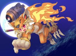 Rule 34 | 1girl, :d, absurdres, blonde hair, cloud, commentary request, commission, fang, fiery tail, full body, full moon, highres, holding, holding staff, mecha musume, mechanization, moon, moonlight flower, open mouth, ragnarok online, reaching, reaching towards viewer, red eyes, sankuma, second-party source, short hair, skeb commission, smile, solo, staff, tail
