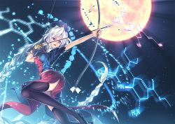 Rule 34 | 1girl, absurdly long hair, aiming, arrow (projectile), black panties, black thighhighs, bow, bow (weapon), braid, breasts, chemical structure, chemistry, drawing bow, dress, full moon, highres, holding, holding bow (weapon), holding weapon, leg up, light rays, long hair, molecule, moon, open mouth, orita enpitsu, oseltamivir, panties, purple eyes, shoes, short sleeves, silver hair, solo, star (sky), thighhighs, touhou, underwear, very long hair, weapon, yagokoro eirin
