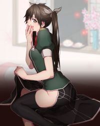 Rule 34 | 10s, 1girl, bad id, bad pixiv id, black hair, black skirt, black thighhighs, blurry, cherry blossoms, clothes lift, covering own mouth, depth of field, fang, floral print, food, hair ribbon, hand over own mouth, kantai collection, lifting own clothes, long hair, looking at viewer, meron, no panties, open mouth, pelvic curtain, puffy short sleeves, puffy sleeves, ribbon, short sleeves, side slit, single thighhigh, sitting, skirt, skirt lift, solo, thighhighs, tone (kancolle), tone kai ni (kancolle), tray, twintails, vase, window, yellow eyes