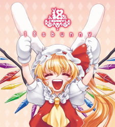 Rule 34 | 1girl, :d, animal ears, animal hands, arms up, blonde hair, closed eyes, female focus, flandre scarlet, gloves, hand on own ear, hat, hat with ears, namisaki yuka, open mouth, paw gloves, rabbit ears, side ponytail, smile, solo, touhou, upper body, wings