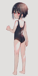 Rule 34 | 1girl, absurdres, ass, barefoot, black hair, black one-piece swimsuit, blush, child, feet, from behind, full body, grey background, hair between eyes, highres, looking at viewer, looking back, meito (maze), one-piece swimsuit, original, parted lips, red eyes, short hair, simple background, solo, standing, swimsuit