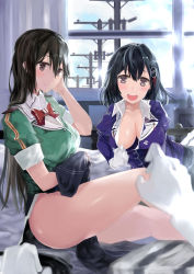 Rule 34 | 2girls, absurdres, black eyes, black hair, black skirt, blue jacket, breasts, brown eyes, chikuma (kancolle), from side, haguro (kancolle), hair ornament, hair ribbon, highres, jacket, kantai collection, large breasts, long hair, long skirt, long sleeves, multiple girls, no bra, nodokana yuki, official style, open clothes, open jacket, open mouth, parody, pelvic curtain, puffy long sleeves, puffy short sleeves, puffy sleeves, ribbon, short hair, short sleeves, side slit, sitting, skirt, smile, style parody, thighs