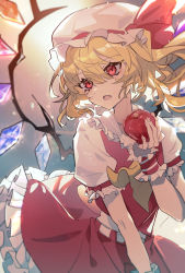 Rule 34 | 18721583225, 1girl, ascot, blonde hair, blouse, collared shirt, commentary request, crystal, eyelashes, fang, flandre scarlet, food, frilled shirt collar, frilled skirt, frilled sleeves, frills, fruit, hat, hat ribbon, highres, holding, holding food, holding fruit, medium hair, mob cap, one side up, open mouth, puffy short sleeves, puffy sleeves, red eyes, red ribbon, red skirt, red vest, ribbon, shirt, short sleeves, side ponytail, skirt, skirt set, solo, touhou, upper body, vest, white hat, white shirt, wings, wristband, yellow ascot